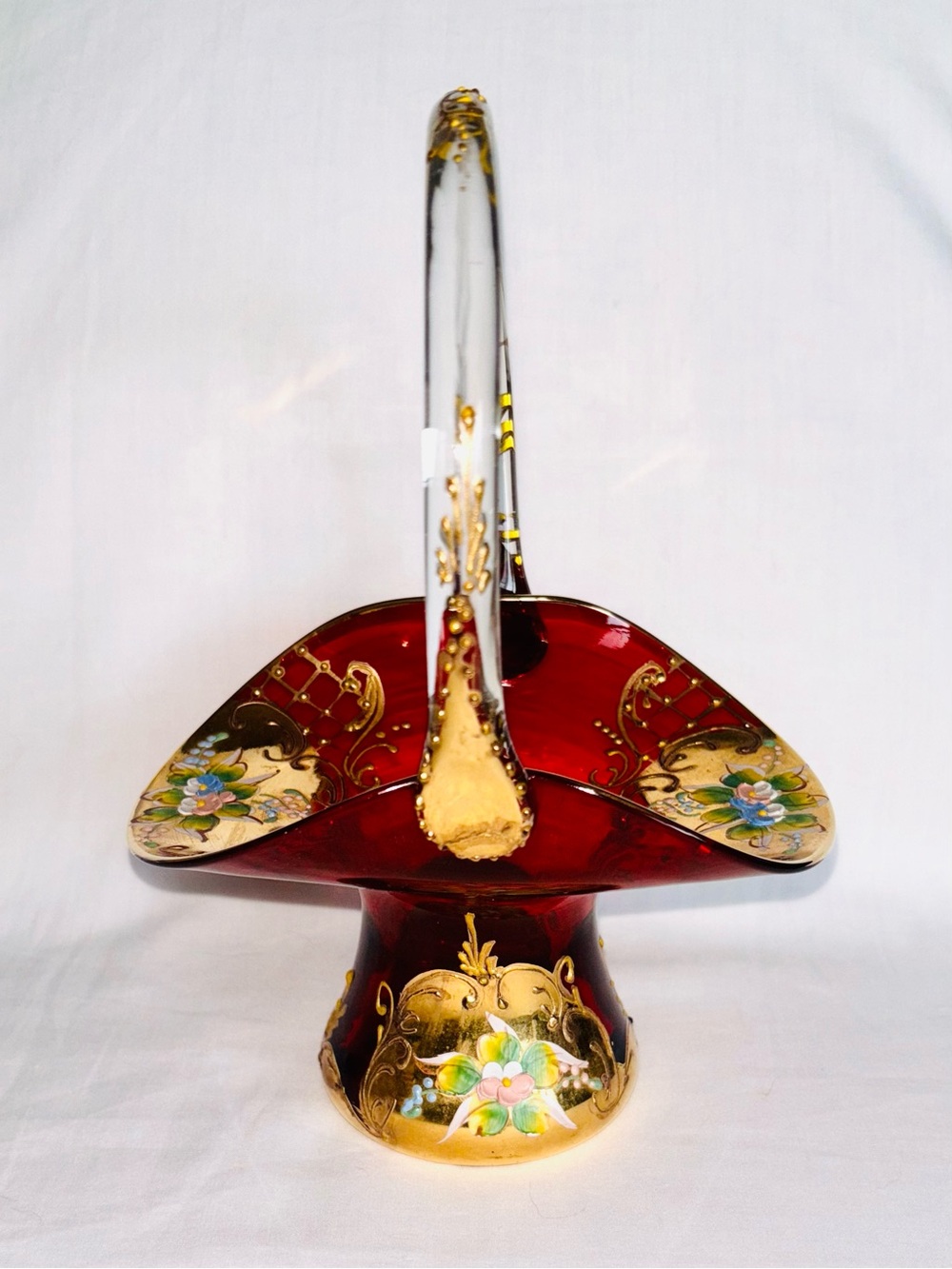 Vintage Ruby Red Glass Basket Egermann Bohemian Czech Murano Venetian Enamel